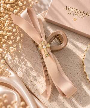 Coquette Tan Satin Bow Claw Clip Gold Cross Pearl Christian Hair Accessory